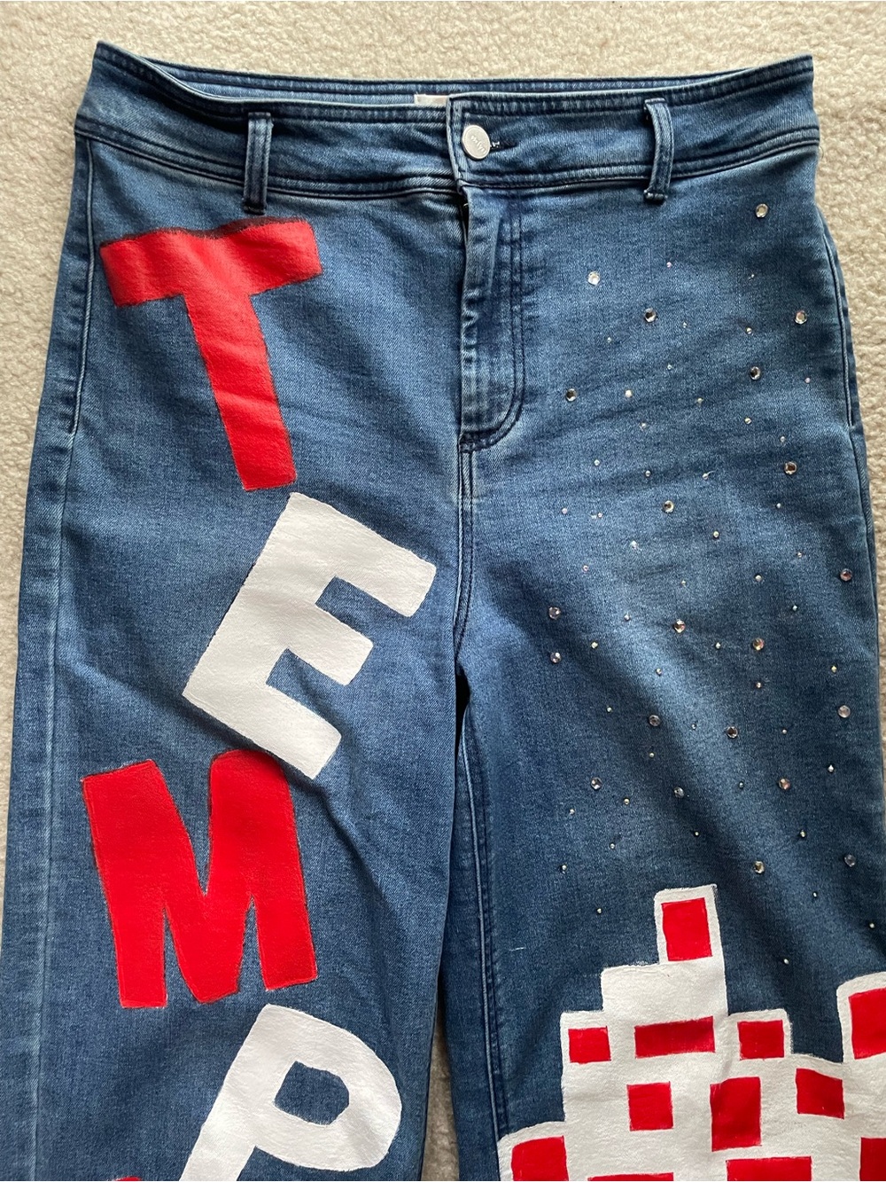 Odyn Women’s Wide-Leg Blue Jeans Custom Temple University Theme - Size 12/30‎